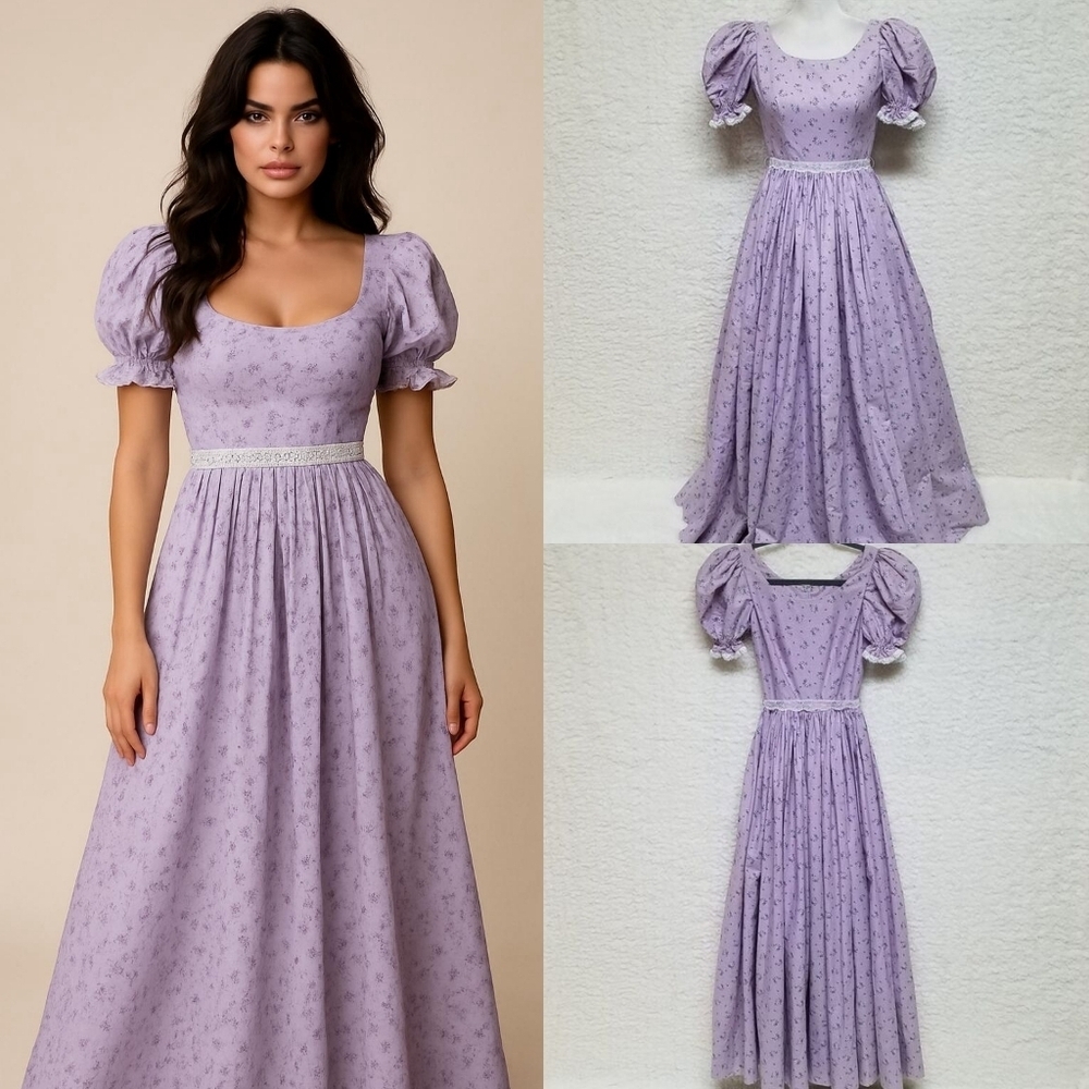 70s Vintage Hand Made Purple Floral Lace Tie Waist Puff Sleeve Cottagecore Dress